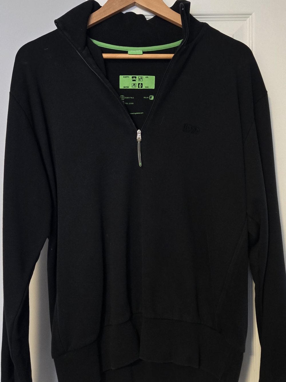 BOSS Hugo Boss Men's Black Quarter-Zip Sweater with Green Trim